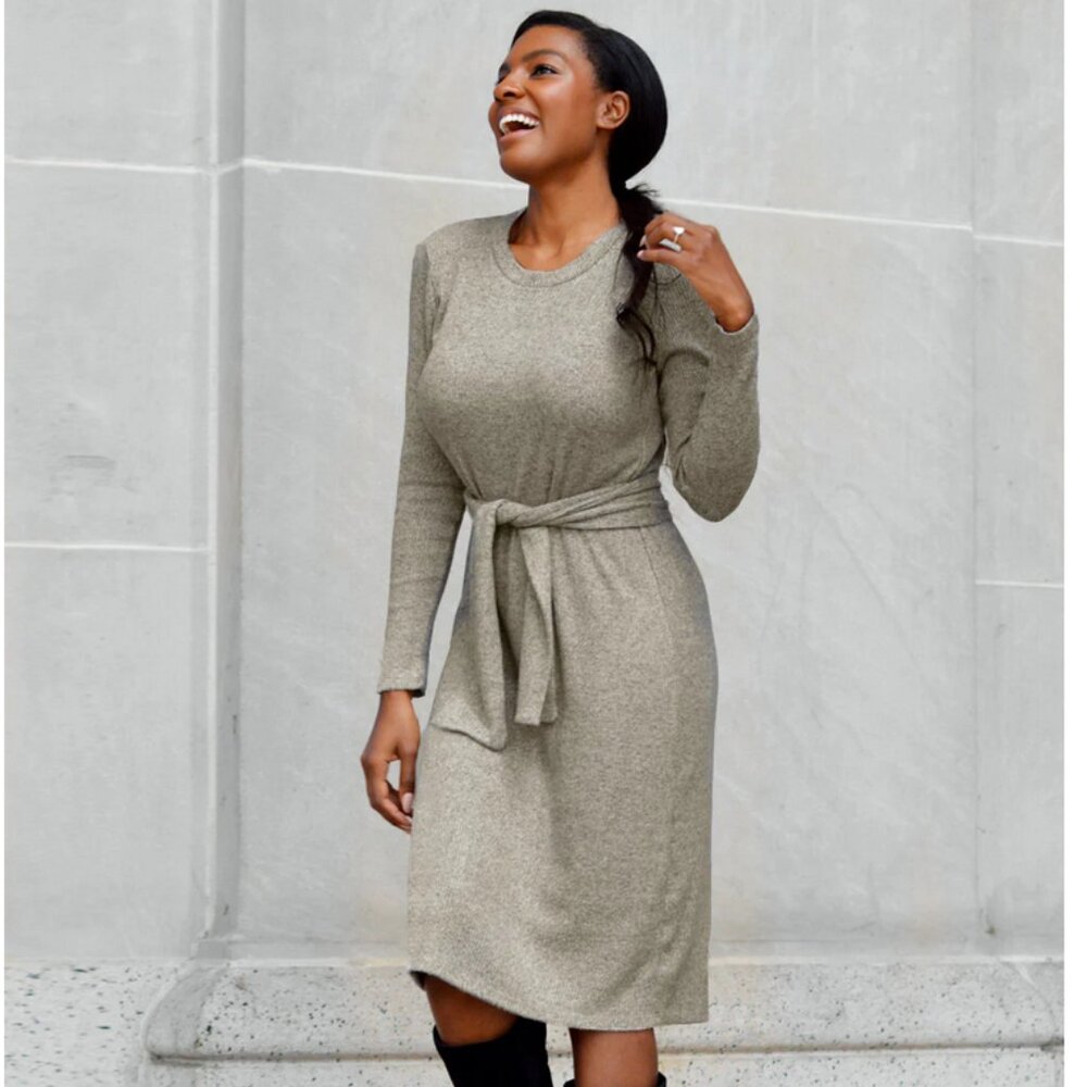 Elegantees Asia Sweater Rib Dress in Grey Mocha